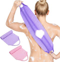 2 Pack Exfoliating Back Scrubber for Shower, Nylon Exfoliating Washcloth Back Washer for Shower with Handles, Stretchable Pull Strap Bath Scrubber for Body Women Men Clean Skin Deeply(Pink, Purple)