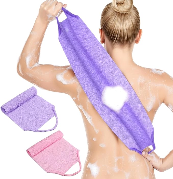 2 Pack Exfoliating Back Scrubber for Shower, Nylon Exfoliating Washcloth Back Washer for Shower with Handles, Stretchable Pull Strap Bath Scrubber for Body Women Men Clean Skin Deeply(Pink, Purple)