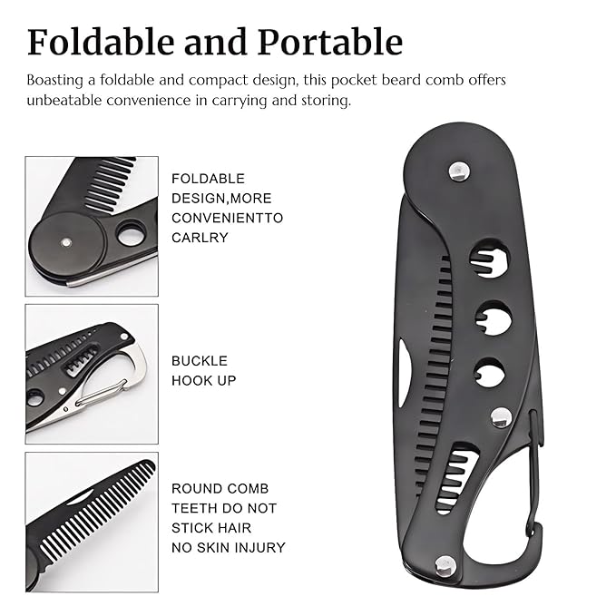 Stainless Steel Folding Beard Comb, Portable Mustache Comb, Beard Grooming Kit - Black