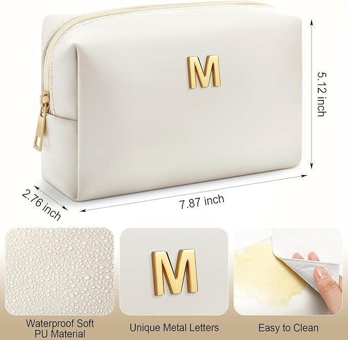 Kigeli Initial Makeup Bag for Women Beige Leather Easter Basket Gifts Monogram Cosmetic Bag Small Travel Toiletry Pouch Wedding Birthday Graduation Bridesmaid Gifts for Teen Girls Women Teachers(M)