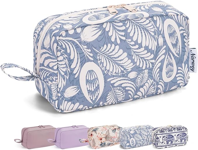 Narwey Cute Makeup Bag Small Toiletry Bag Travel Cosmetic Bag Organizer Make Up Bags with Organized Pockets for Women (Blue Leaf, Large)