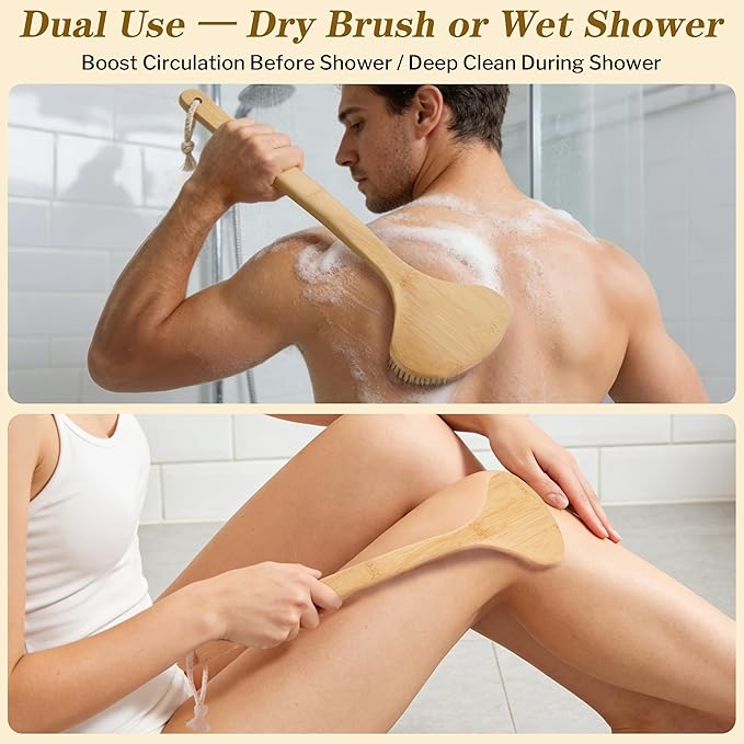 Bamboo Bath Brush with Curved Long Handle, Natural Bristle Back Scrubber for Shower, Exfoliating Body Brush for Wet or Dry Use, Anti-Slip Design for Gentle Deep Cleaning, Wood Color
