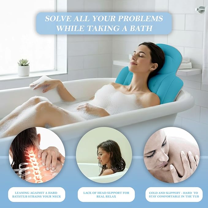 Bath Pillow for Tub 4D Air Mesh Fabric - Plush Bathtub Pillow for Neck & Back Support, Hot Tub Pillow with 6 Non-Slip Suction Cups Spa Pillow for Relaxation and Comfort (Full Body Blue)