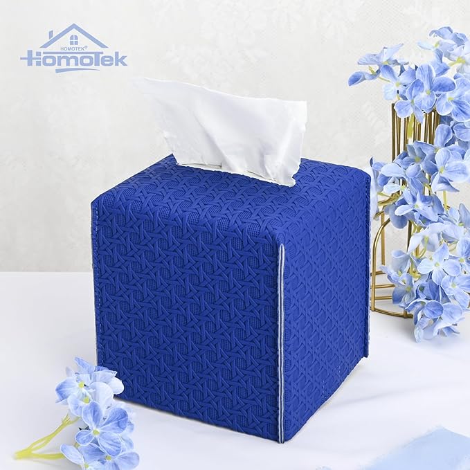 HOMOTEK 2 Pack Tissue Box Cover, Square PU Leather Tissue Holder, Decorative Facial Tissue Cube Paper Organizer Dispenser for Bathroom, Night Stands, Desk, Car 5X5X5'' - Rattan Weave,Blue