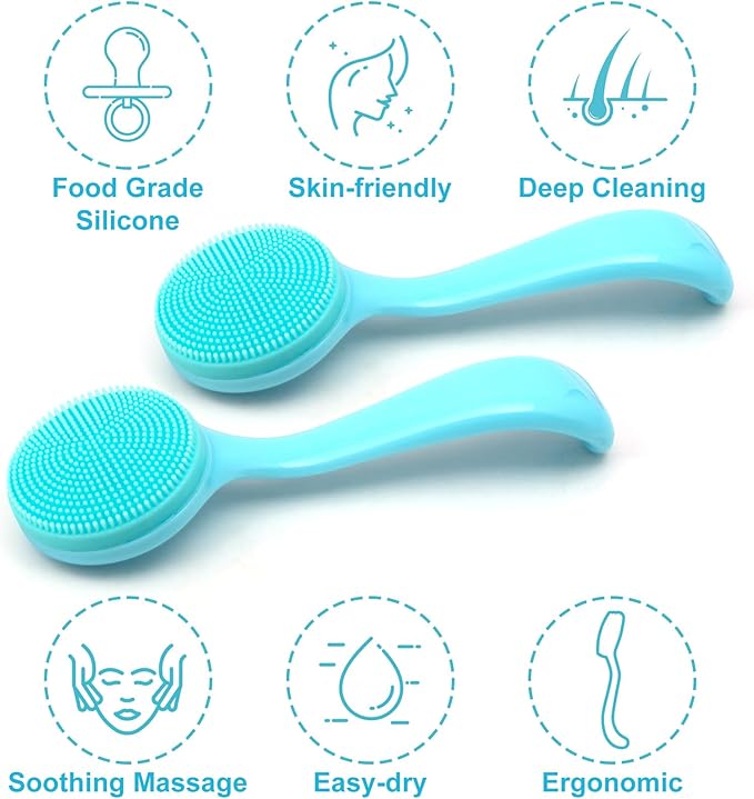2 Pack Silicone Manual Facial Cleansing Brush, Skin Friendly Waterproof Face Cleaning Scrubber Exfoliator Cleanser for Blackheads Whiteheads Makeup Residues Removal- Blue