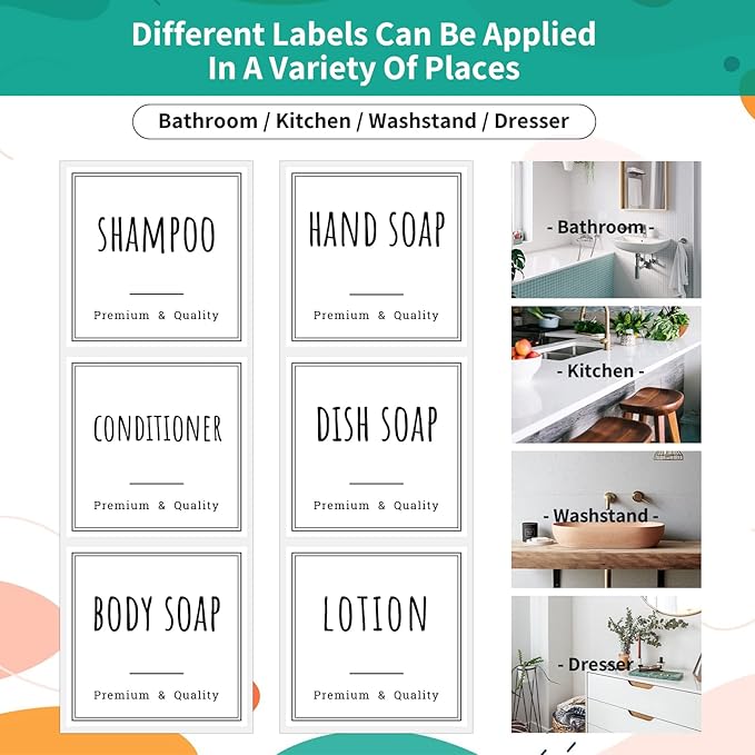 Segbeauty Bathroom Labels for Soap Dispenser, 18pcs 2.5in White Waterproof Removable Self-Adhesive Stickers, Reusable Shampoo Conditioner Hand Soap Lotion Shower Dispenser Bottles Label Stickers