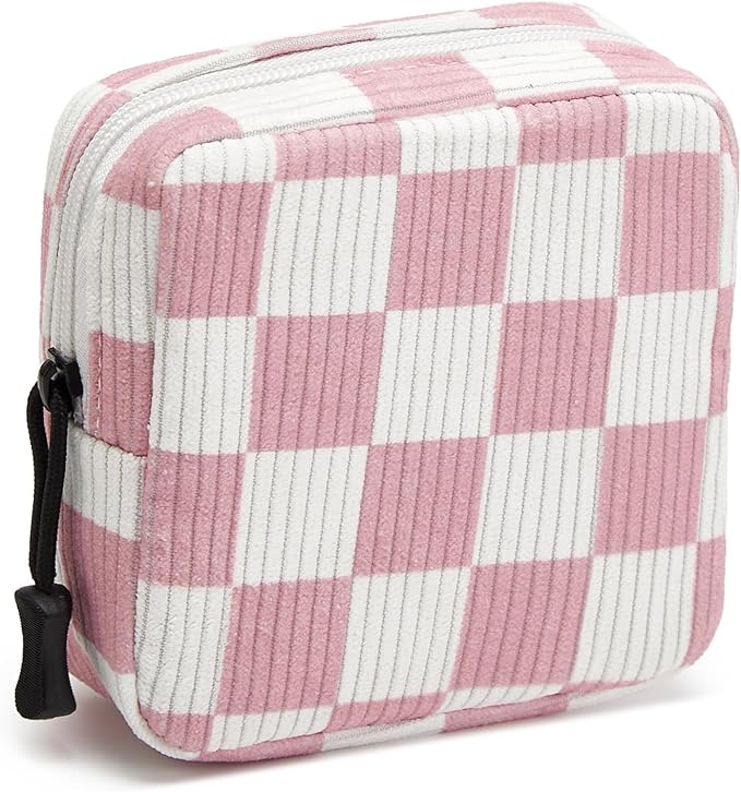 Small Makeup Bag for Purse,Mini Cosmetics Bag cute Zipper corduroy Cosmetic Pouch Storage Pouch Travel Toiletry Organizer for Women Girls(Checkered Pink)
