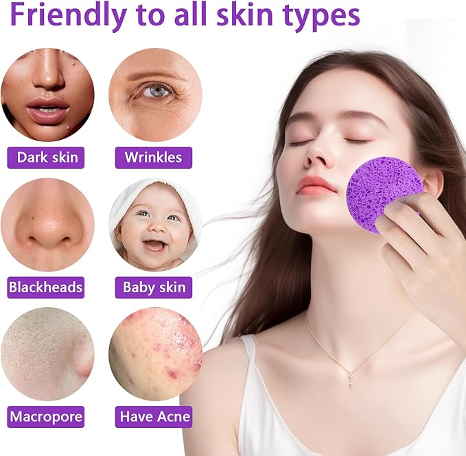 50-Count Large Compressed Facial Sponges for Estheticians,Daily Cleansing and Gentle Exfoliating- 100% Natural Cellulose Spa Sponge Perfect for Removing Dead Skin,Dirt and Makeup(Round 2.95",Purple)