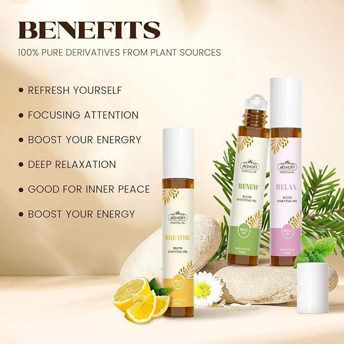 Essential Oils Roll On Set,Valentines Day Gifts for Her(Calm, Relax, Breathe, Focus on, Sleep, Renew), Natural Aromatherapy Oil Blend Kit with Roller Ball for Massage, Body Skin Care, Relaxation Gift