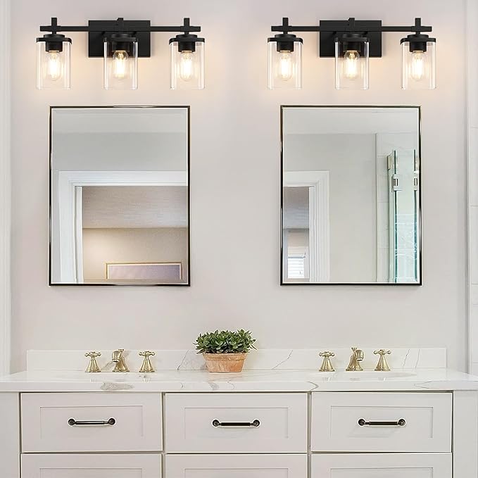 3-Lights Bathroom Vanity Light Fixtures, Modern Black Vanity Lights Over Mirror with Clear Glass Shade for Bathroom, Wall Mounted Lamp for Bedroom Hallway Living Room