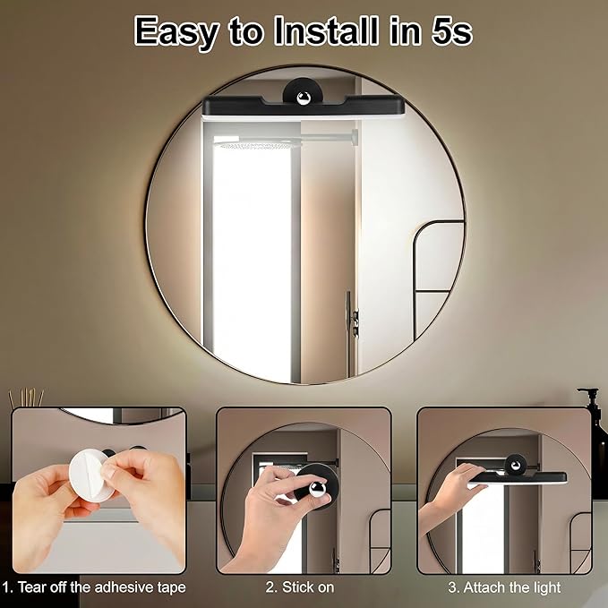 Wireless Vanity Lights for Mirror, Rechargeable Battery Operated Stick on Lamp, Adjustable Makeup Light, Cordless Magnetic LED Bar Renter Friendly Lighting Decor Gift, Black