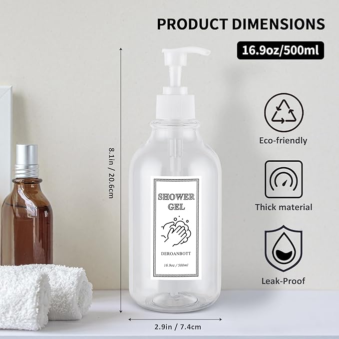 Shampoo and Conditioner Dispenser, Refillable Plastic Shampoo Pump Bottles with Waterproof Labels, Empty Body Wash Dispenser Set for Bathroom, Shower Soap Bottles (Transparent)