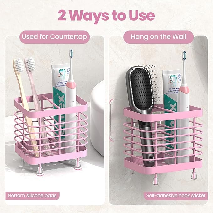 Luxspire Toothbrush Holders for Bathroom, Stainless Steel Electric Toothbrush Holder Wall Mounted, Shower Toothbrush Toothpaste Holder, Bathroom Organizer Essentials, 2 Slots, Pink