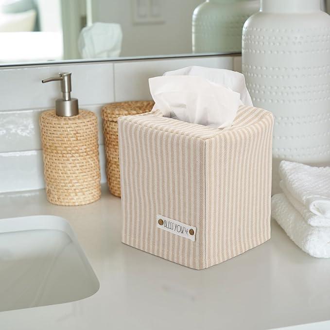 Stylish Tissue Box Cover - This Beige Striped Linen Holder Instantly Covers Your Square Tissue Boxes - The Perfect Cube Cover for Your Bathroom and Home