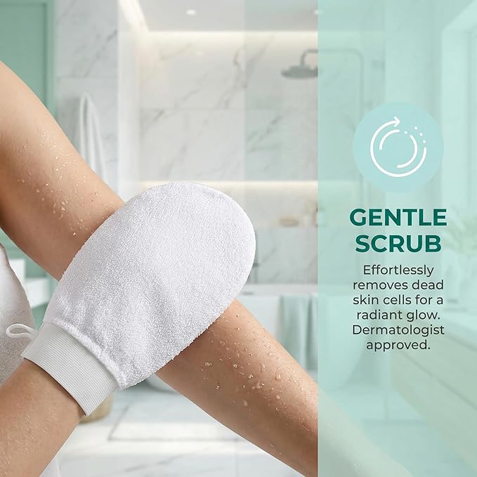 Exfoliating Gloves & Back Scrubber Strap Set - Dual-Sided Textured Mitts for Deep Body Exfoliation, Hard to Reach Back Cleaning, Spa-Quality Dead Skin Removal with Long Handle & Nylon Viscose Material