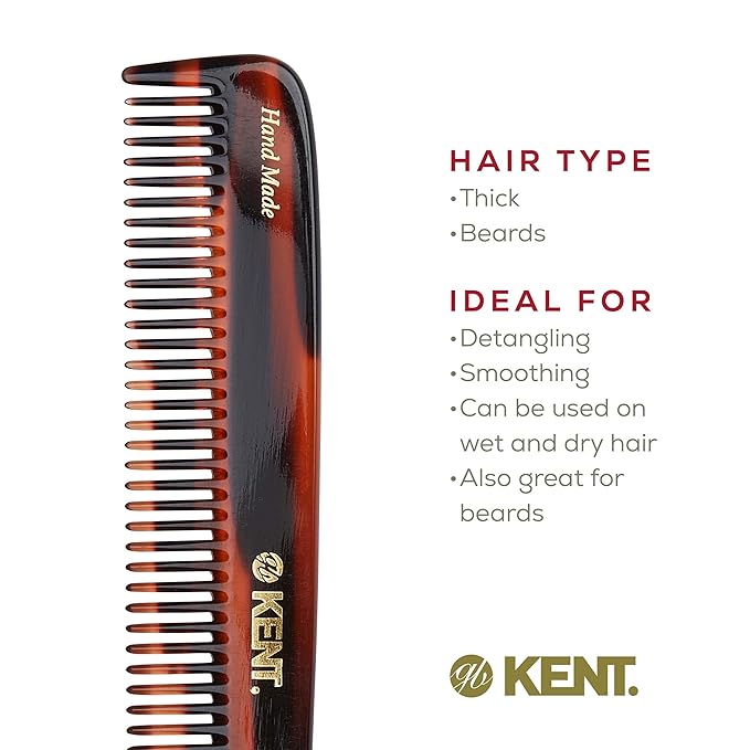 Kent R9T All Coarse Hair Detangling Comb Wide Teeth Dressing Table for Thick Curly Wavy Hair. Detangler Comb for Grooming and Styling, for Beard and Mustache, Handmade Saw-Cut and Polished