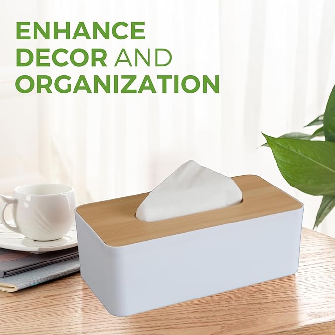 Tissue Box Cover, Rectangle Tissue Box Holder with Bamboo Cover Plate for Bathroom Bedroom, Decorative Tissue Box Covers for Home Decor Office, White