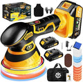 Cordless Car Buffer Polisher kit [2x 2000mAh 21V Batteries & 18 PCS Attachments] 6-Speed Orbital Design, LED Display, Lightweight Detailing Tool for Waxing, Polishing & Scratch Removal-Yellow