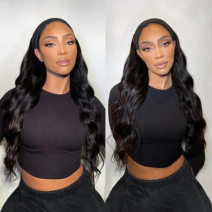 XSY Headband Wig Human Hair Body Wave Headband Wigs for Black Women Brazilian Glueless None Lace Front Wigs Wear and Go Half Wigs 150% Density Natural Color 24 Inch