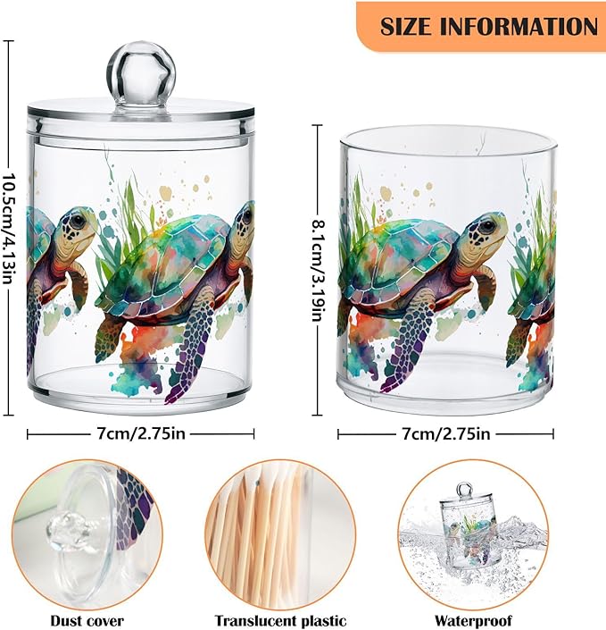 4 Pack Qtip Holder Dispenser Turtle Watercolor Cotton Ball Cotton Swab Round Pads Floss Clear Bathroom Storage Containers Plastic Apothecary Jars with Lids