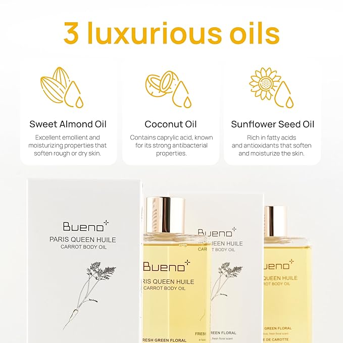 Bueno+ PARIS QUEEN HUILE CARROT BODY OIL | Hydrates & Protects Skin with Carrot Extract, Beta-Carotene | Protective Nutrition Supply Moisturizing Elasticity Dry Moisture | 6.7 Fl Oz