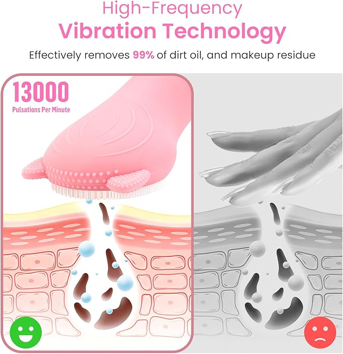 Face Scrubber Facial Cleansing Brush - Portable Silicone Waterproof Rechargeable Electric Exfoliator Scrubber with Heated, 7 Colors LED Light Therapy, Makeup Remover Cleansing and Massaging (Pink)