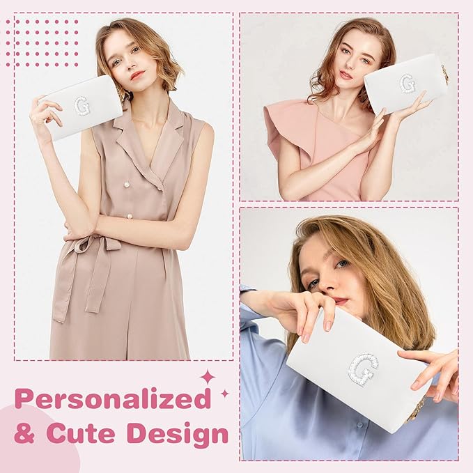 Bride Gifts – Personalized Initial Makeup Bag with Pearl Rhinestone Patch, Preppy White Monogram Cosmetic/Toiletry Pouch, bridesmaid Gifts, Bridal Shower Gifts, Wedding Gifts, Bridal Gifts,G