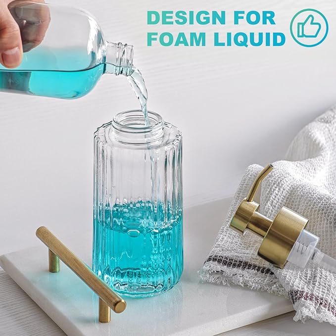 JASAI 16Oz Glass Foaming Soap Dispenser with Golden Rust Proof Pump, Refillable Foam soap Dispenser with Thick Glass, Elegance Foaming Hand Soap Dispenser for Bathroom & Kitchen.(Golden)