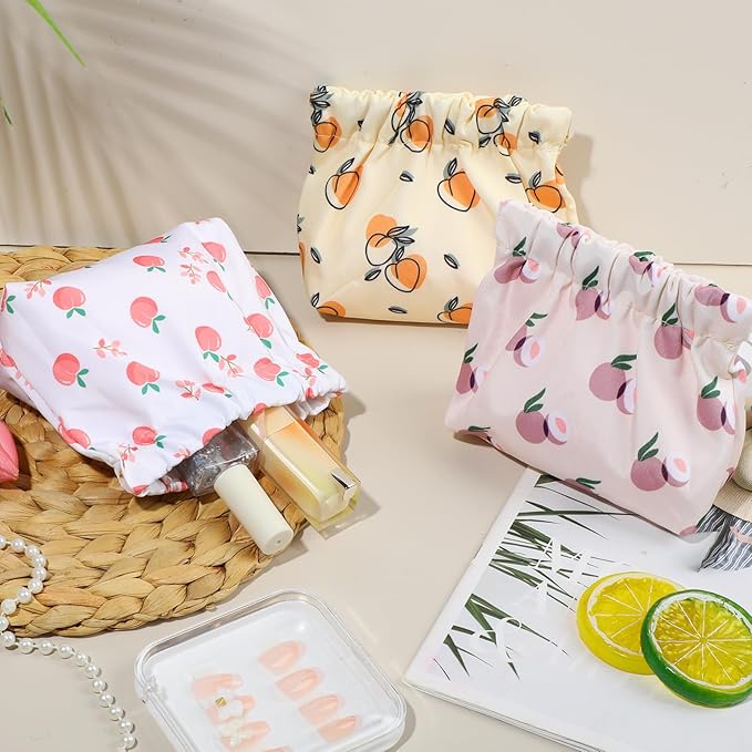 ISKYBOB 3PCS Pocket Cosmetic Bag Squeeze Top, Small Makeup Bag for Purse Portable Mini Coin Change Purse Self-Closing Cosmetic Purse Small Leather Makeup Lipstick Organizer Pouches (Flower)