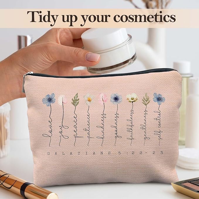 Christian Gifts Makeup Bag, Floral Christian Cosmetic Bags for Women, Galatians 5:22-23 Bible Verse Makeup Pouch, Faith Based Gifts Zipper Pouch(light pink)