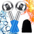 Baderke 2 Pcs Ice Globes for Face Stainless Steel Cooling Globes Unbreakable Cooling Roller Women Ice Balls Cryo Sticks Facials Skin Care for Dark Circles, Puffiness(Silver (Blue Handle))