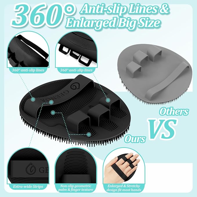 Silicone Bath Glove & Face Scrubber Set 2PCS, 360° Anti-Slip & Hand-fit Body Scrubber for Rich Foaming Deep Cleaning, Unique Facial Scrubber with Side-bristles for Contoured Areas.(Black)