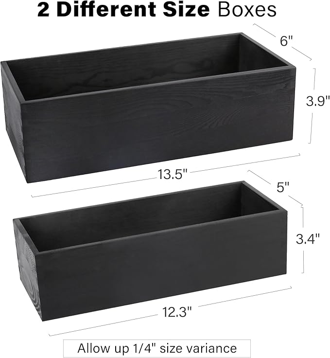 LotFancy Bathroom Decor Box, 2 Pack Wooden Toilet Paper Holder, Black Toilet Tank Storage Basket, Farmhouse Rustic Back of Toilet Tray