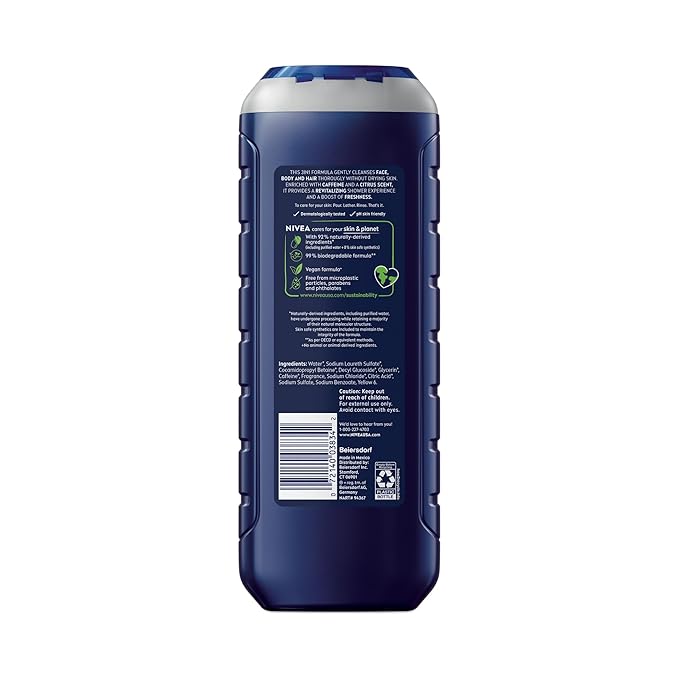 NIVEA MEN Boost Body Wash, Citrus Scent and Caffeine Enriched, 3-in-1 Men's Body Wash, Face and Hair, Paraben Free, Vegan Formula, 16.9 Fl Oz Bottle, Pack of 3
