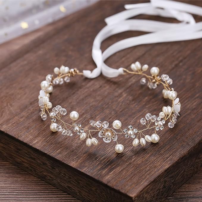 Hair Accessories: Bridal Pearl Flower Headpiece Headband for Girls, Flower Girls, and Women (Gold)