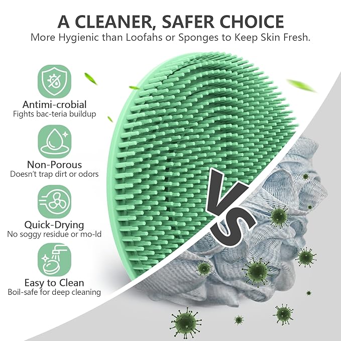 Silicone Body and Face Scrubber Set 3 Pack, BEAUTAIL Shower Bath Scrubber, Gentle Exfoliating Brush for Women Men Baby Sensitive Skin, More Hygienic Than Traditional Loofah, Long Lasting, Pink+Green