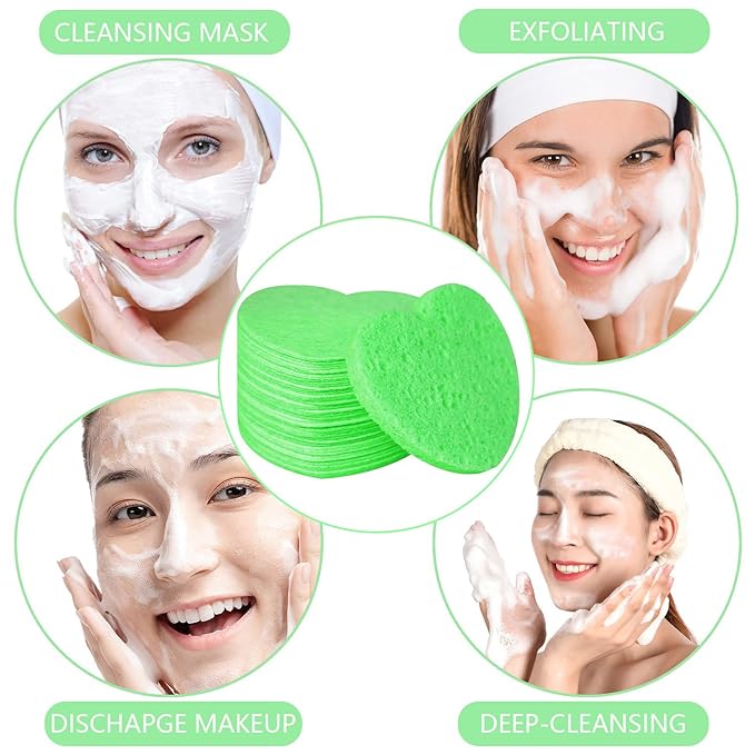 100-Count Compressed Facial Sponges for Estheticians Heart Shape Natural Cellulose Sponge Professional Cosmetic Spa Sponges for Face Cleansing, Massage, Pore Exfoliating, Mask, Makeup Removal, Green