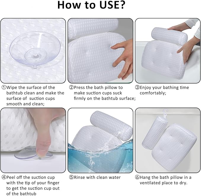 Bath Pillow for Tub Support Neck and Back, Bathtub Pillow Bath Accessories for Bathtub Women, Hot Tub Accessories for Adults White