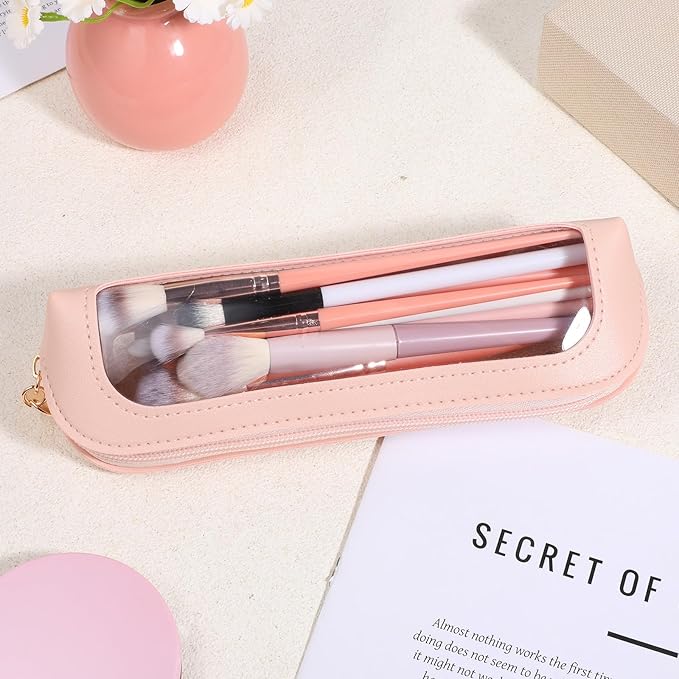 Lusofie Small Clear Makeup Bag, PU Leather Makeup Brush Bag, Portable Clear Make-Up Brush Pouch with Zipper, Multi-use Cosmetic Organizer Bags for Women (Pink)