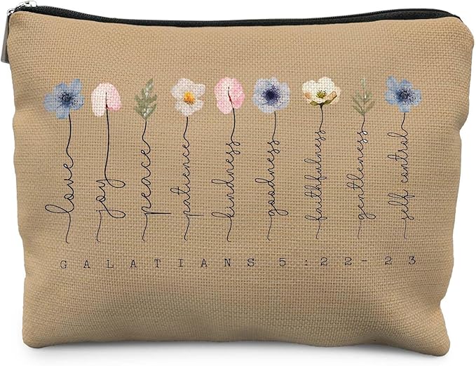 Christian Gifts Makeup Bag, Floral Christian Cosmetic Bags for Women, Galatians 5:22-23 Bible Verse Makeup Pouch, Faith Based Gifts Zipper Pouch(pale brown)