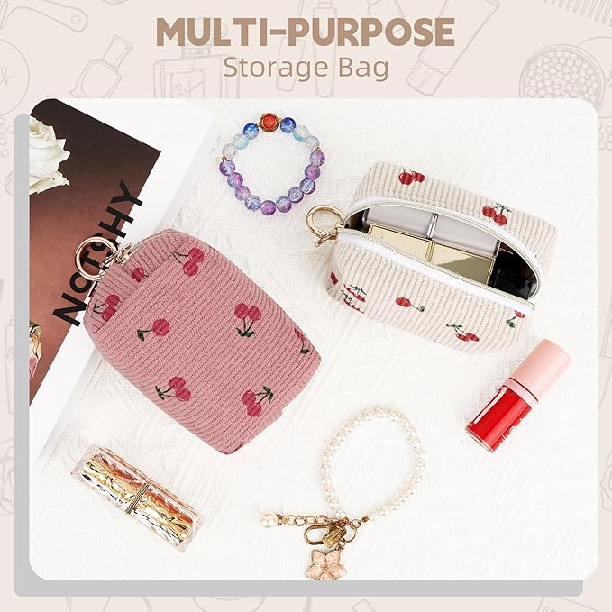 Mini Makeup Bag, Corduroy Small Cosmetic Bag for Purse with Ring Buckle, Cherry Travel Makeup Pouch for Lipsticks, Chapsticks, Coin, Earphone, Credit Card (Pink)