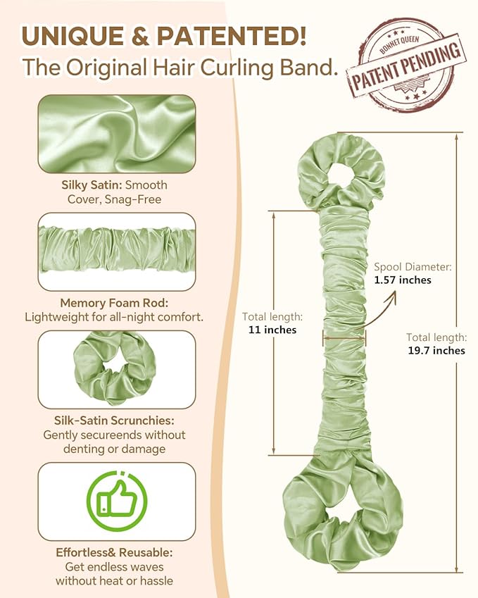 BONNET QUEEN Satin Heatless Hair Curler, Overnight Curls for Long Hair, ultra soft Heatless Curling Rod & 2 Scrunchies,Damage-Free Styling, Soft Hair Curlers for Overnight Use(Sage)