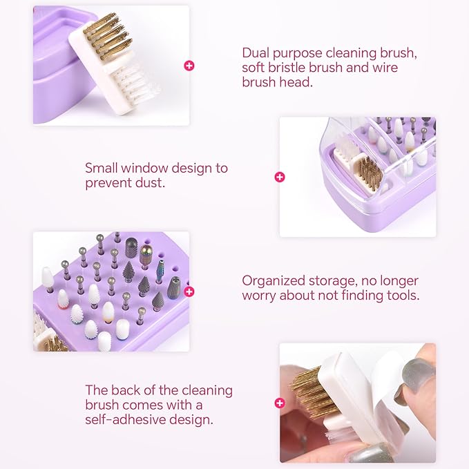 2 in 1 Nail Drill Bit Holder & Nail Drill Bit Cleaner Brush Case 30 Holes Dustproof Nail Drill Bit Display Stand Organizer Box Manicure Drill Bits Cleaning Brush Bits Storage Tool, Blue