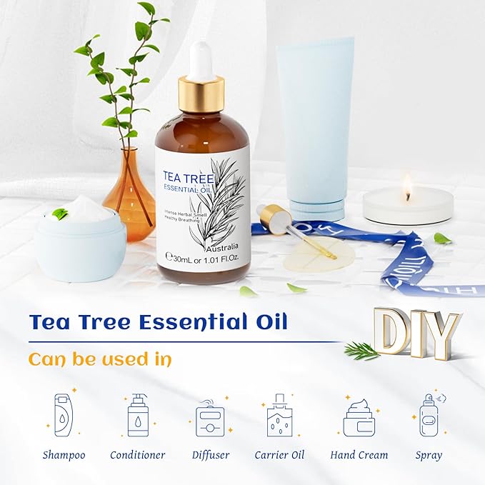 HIQILI Tea Tree Oil for Skin, Hair, Toenail, Add to Shampoo, Body Wash, Soap, Foot Soak - 1.01 Fl Oz