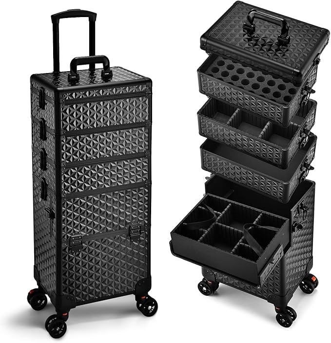5 in 1 Makeup Train Case, Cosmetology Case on Wheels Travel Make up Case Rolling Nail Cart Makeup Organizer Cosmetic Storage Box Cases Extra Large Trolley Truck with 360° Swivel Wheels, Black