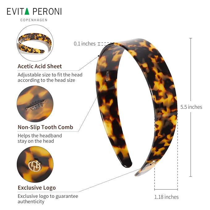EVITA PERONI Wide Headbands for Women with Teeth Acetate Resin Hair Bands for Women's Hair No Headache Headband No Slip Hairbands-Black
