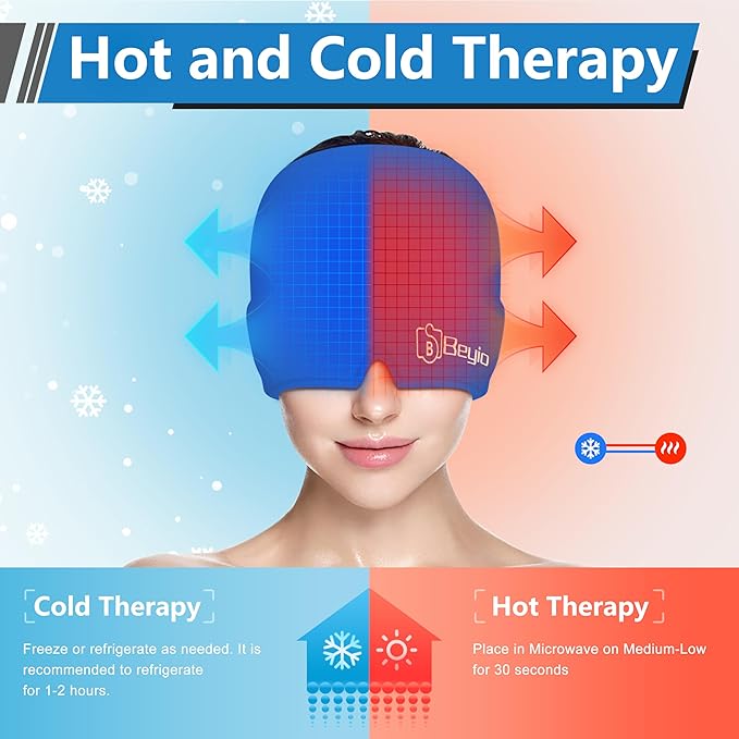 Migraine Relief Cap, All Around Gel Covered Reusable Headache Relief Cap, Black Migraine Cap for Headache Relief, Puffy Eyes (Dark Blue)