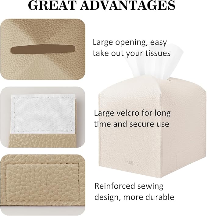 Tissue Box Cover Holder Square Tissue Cube Cover PU Leather Tissue Organizer with Bottom Belt for Bathroom, Tabletop, Car, Night Stands, Office, Home, Kitchen (2, SoftBeige)
