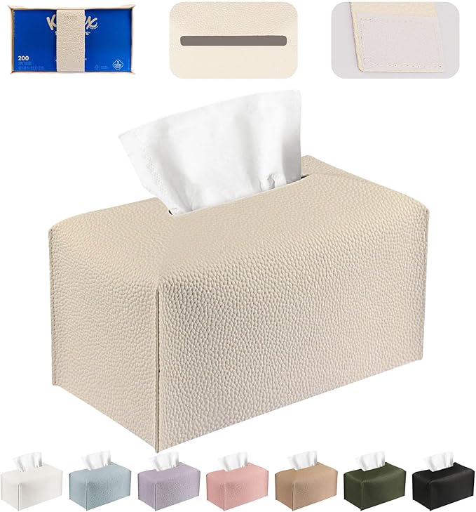 Tissue Box Cover PU Leather Tissue Holder Rectangle Facial Tissue Case Tissue Box Organizer Dispenser for Bathroom, Kitchen, Home, Office, Tabletop (OffWhite, Tall)