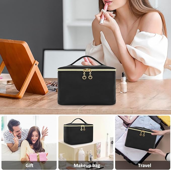 Small Makeup Bag Travel Cosmetic Bag Toiletry Zipper Pouch Make Up Organizer Bag with Handle Purse for Women Soft PU Leather Skincare Case (L02-Black)